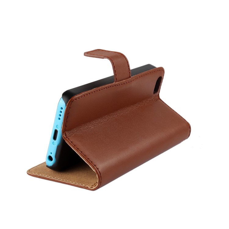 For iPhone 5c Genuine Split Leather Cover w/ Stand - Brown-2