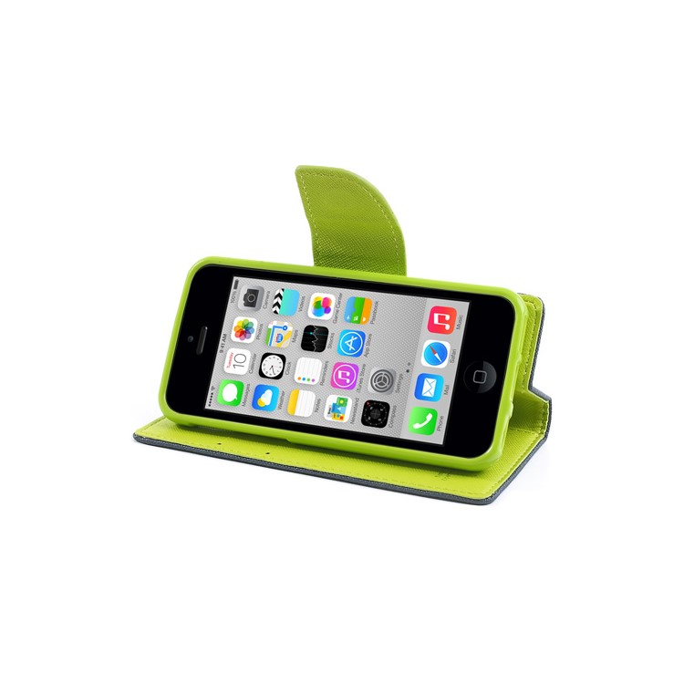 Mercury Fancy Diary TPU Stand Leather Wallet Case for iPhone 5c - Green / Dark Blue-4