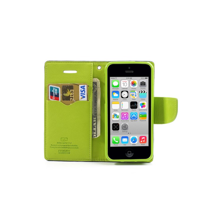 Mercury Fancy Diary TPU Stand Leather Wallet Case for iPhone 5c - Green / Dark Blue-6