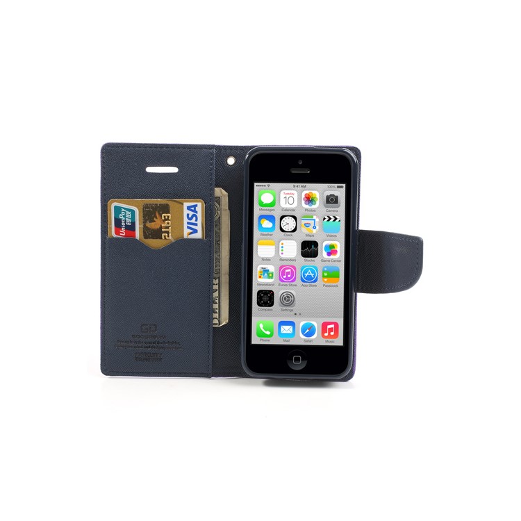 Mercury Fancy Diary Leather Case w/ Wallet & Stand for iPhone 5c - Dark Blue / Purple-6