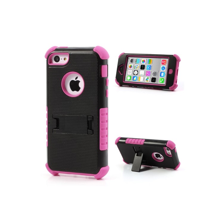 3 Piece PC & Silicone Defender Stand Case for iPhone 5c - Black / Rose