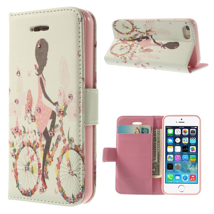 

Bling Rhinestone Leather Wallet Case w/ Stand for iPhone SE 5s 5 - Cycling Girl