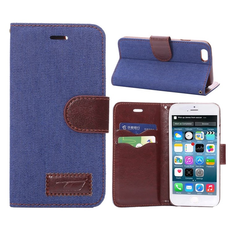 

Jeans Cloth Skin Card Slots Leather Stand Cover for iPhone 6s / 6 4.7 inch - Dark Blue, iPhone 6