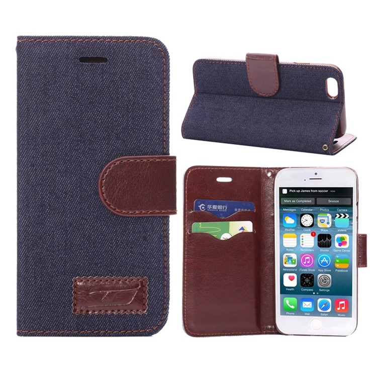 

Jeans Cloth Skin Card Slots Stand Leather Shell for iPhone 6s / 6 4.7 inch - Black Blue, iPhone 6