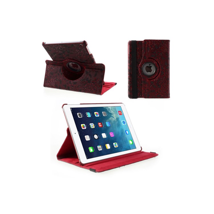 

360 Rotary Stand for iPad Air Embossed Flower Leather Shell Cover - Red