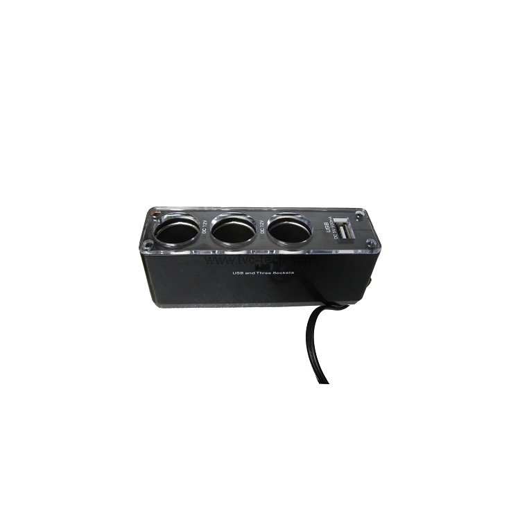 USB Car Charger with Triple Cigarette Lighter Socket-2