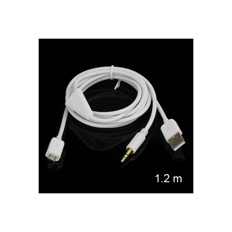 White 3.5mm Car Aux Audio Micro USB Charger Cable for Samsung HTC LG-1