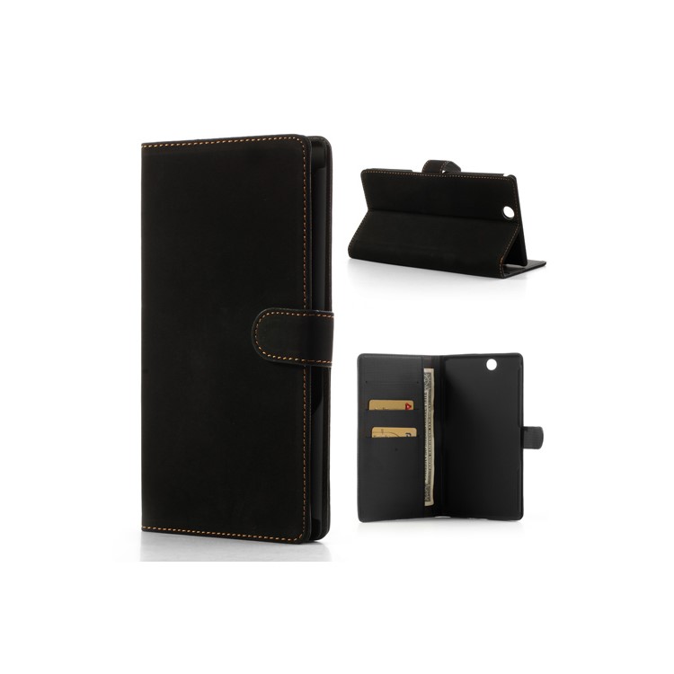Antique Grain Leather Wallet Case Stand for Sony Xperia Z Ultra C6806 C6802 C6833 XL39h - Black-1
