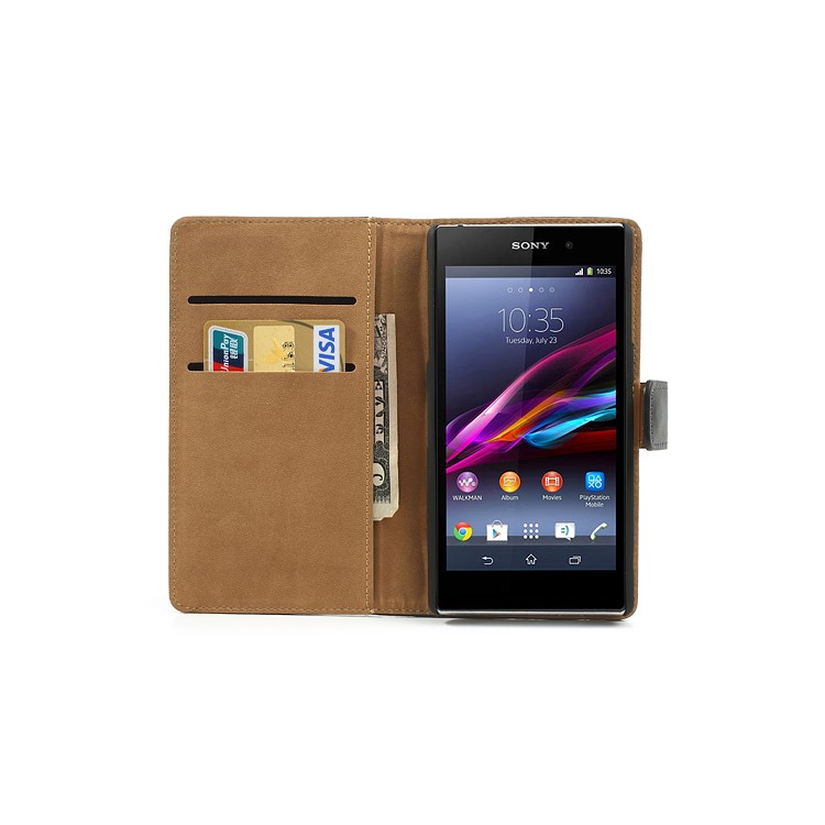 Black Premium Leather Wallet Case w/ Stand for Sony Xperia Z1 Honami C6903 C6902 L39h-6