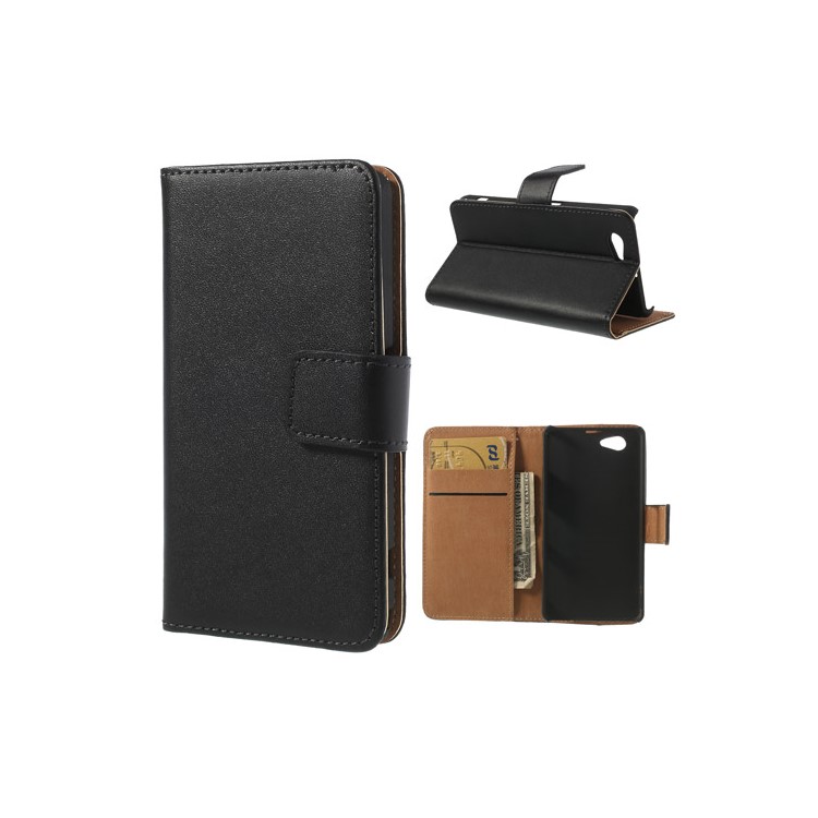 Genuine Split Leather Diary Case for Sony Xperia Z1 Compact D5503 - Black-1