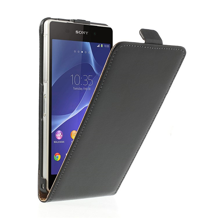 Black Genuine Split Leather Vertical Flip Case for Sony Xperia Z2 D6502 D6503 D6543