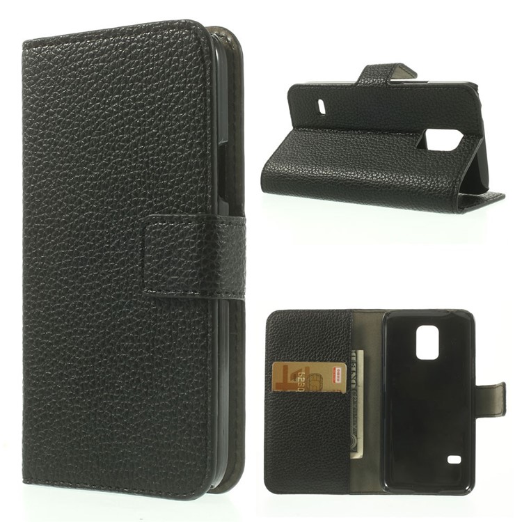 For Samsung Galaxy S5 mini SM-G800 Litchi Texture Leather Wallet Case w/ Stand - Black-1