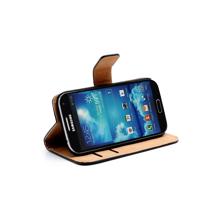 Genuine Split Leather Diary Case w/ Stand for Samsung Galaxy S IV S4 i9500 i9505 - Black-3
