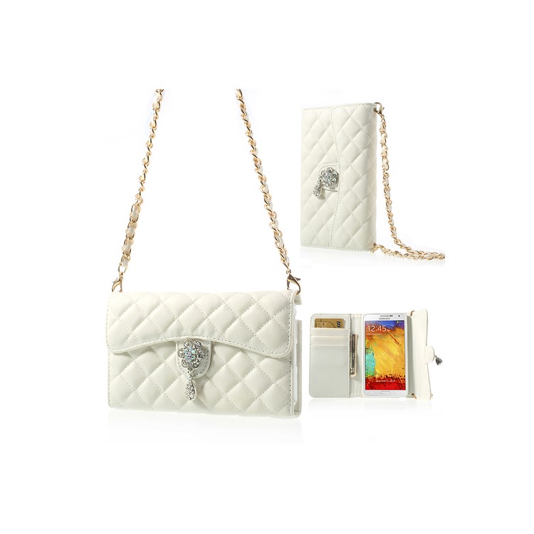 Diamond Flower Rhombus Leather Case Bag w/ Shoulder Chain for Samsung Galaxy Note 3 N9000 - White