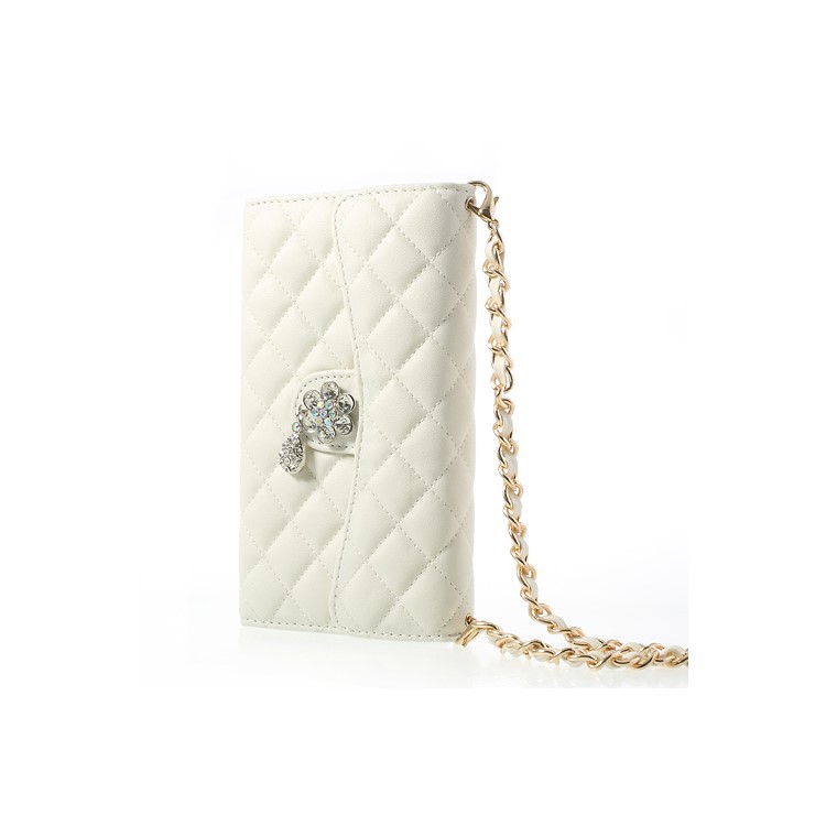Diamond Flower Rhombus Leather Case Bag w/ Shoulder Chain for Samsung Galaxy Note 3 N9000 - White