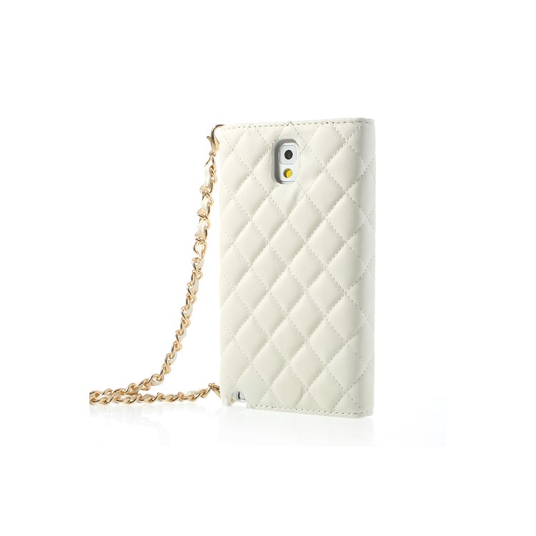 Diamond Flower Rhombus Leather Case Bag w/ Shoulder Chain for Samsung Galaxy Note 3 N9000 - White