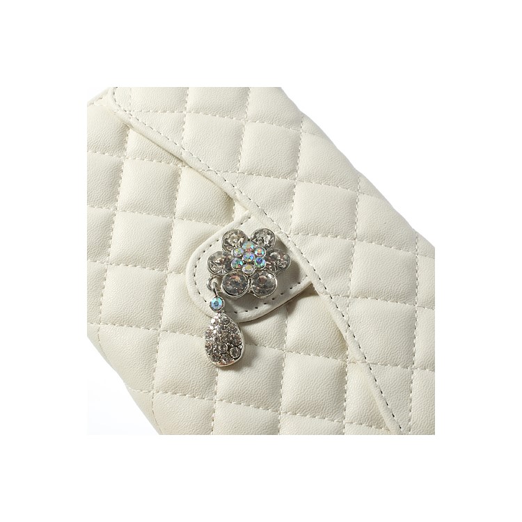 Diamond Flower Rhombus Leather Case Bag w/ Shoulder Chain for Samsung Galaxy Note 3 N9000 - White