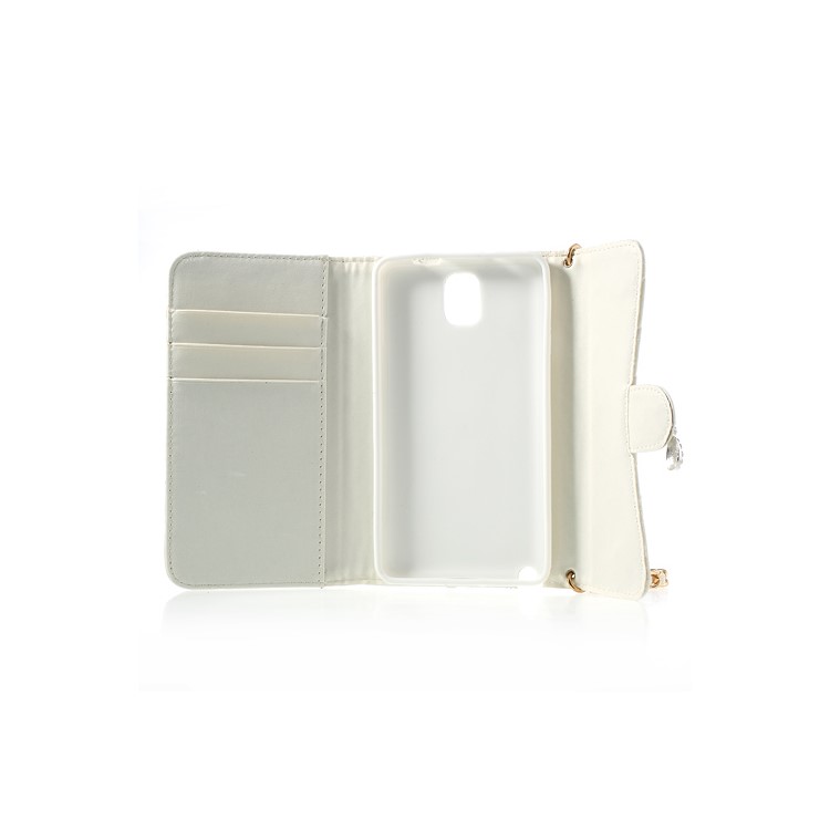Diamond Flower Rhombus Leather Case Bag w/ Shoulder Chain for Samsung Galaxy Note 3 N9000 - White