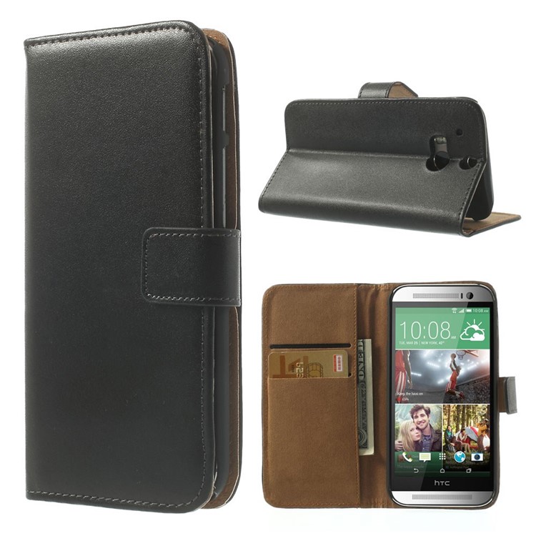 Genuine Split Leather Skin Wallet Case for HTC One M8 w/ Stand-1