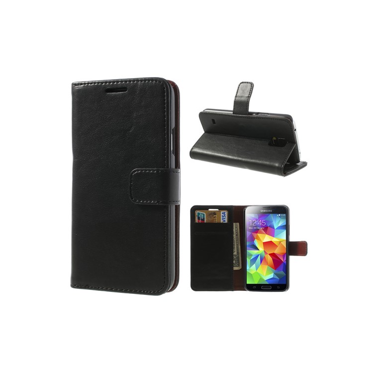 Crazy Horse Card Slots Leather Case for Samsung Galaxy S5 G900 w/ Stand - Black-1