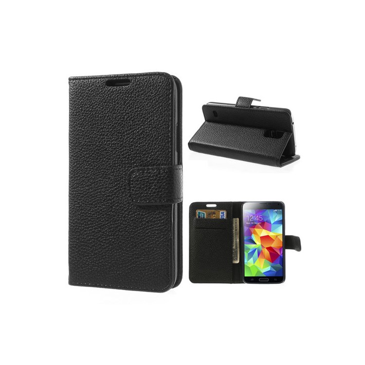 Litchi Texture Wallet Leather Case Cover for Samsung Galaxy S5 G900F w/ Stand - Black