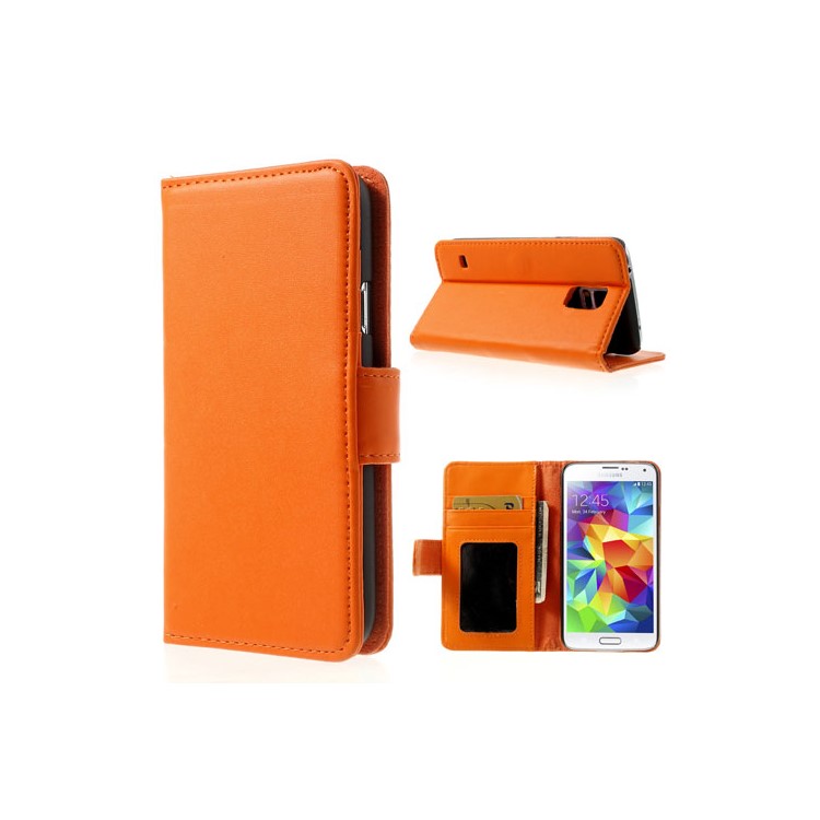 Orange Smooth Leather Wallet Shell with Stand for Samsung Galaxy S5 G900-1