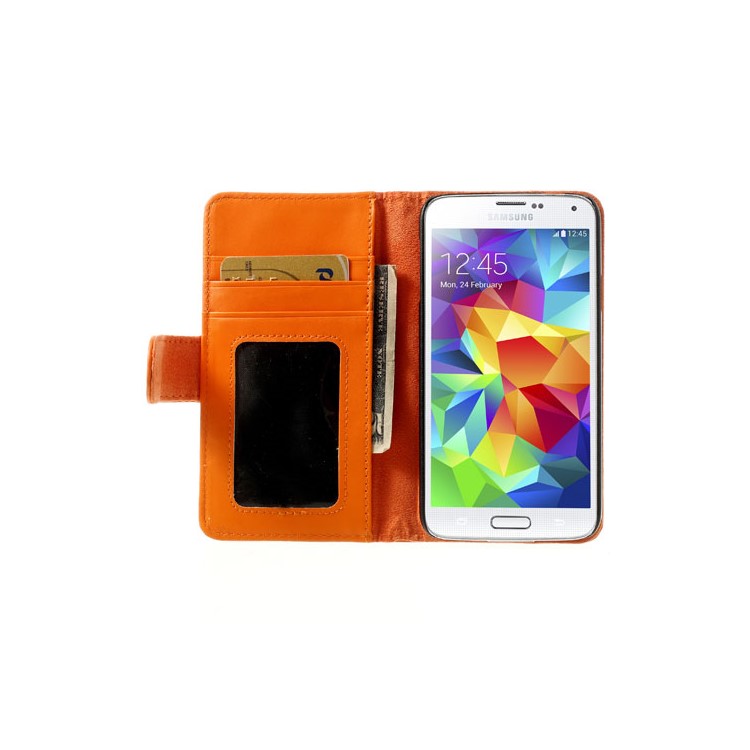 Orange Smooth Leather Wallet Shell with Stand for Samsung Galaxy S5 G900-5