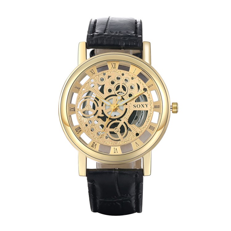 Fashion Skeleton Hollow Quartz Man Wrist Watch with Leather Band WH0019A-J - Black / Gold-1