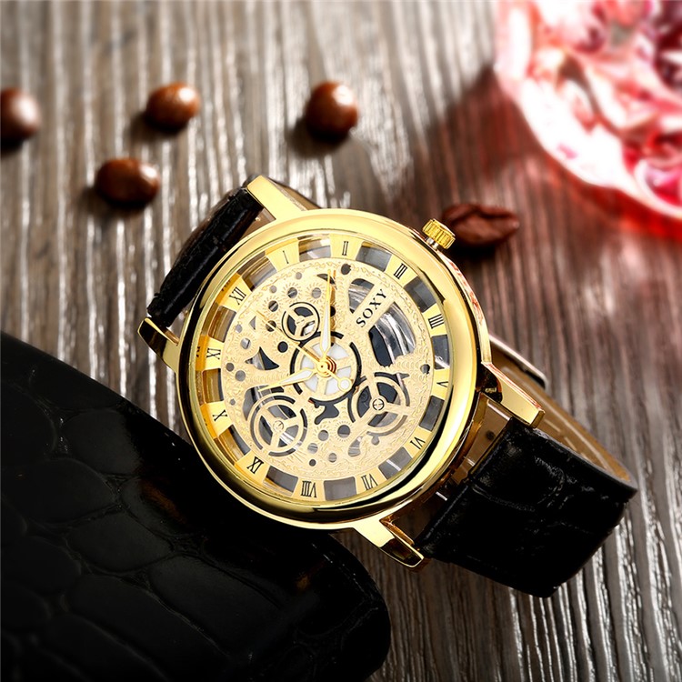 Fashion Skeleton Hollow Quartz Man Wrist Watch with Leather Band WH0019A-J - Black / Gold-2