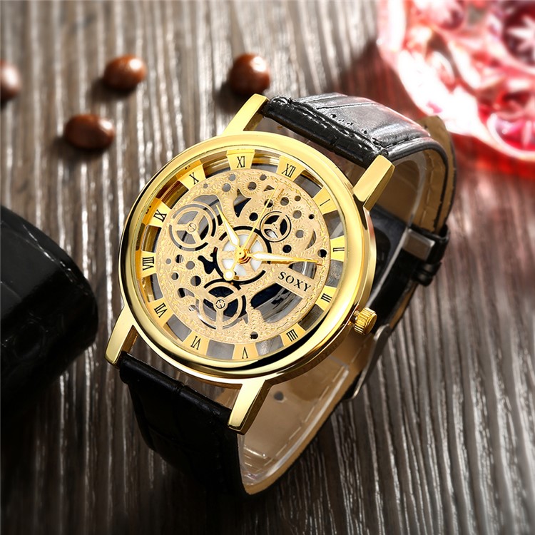 Fashion Skeleton Hollow Quartz Man Wrist Watch with Leather Band WH0019A-J - Black / Gold-3