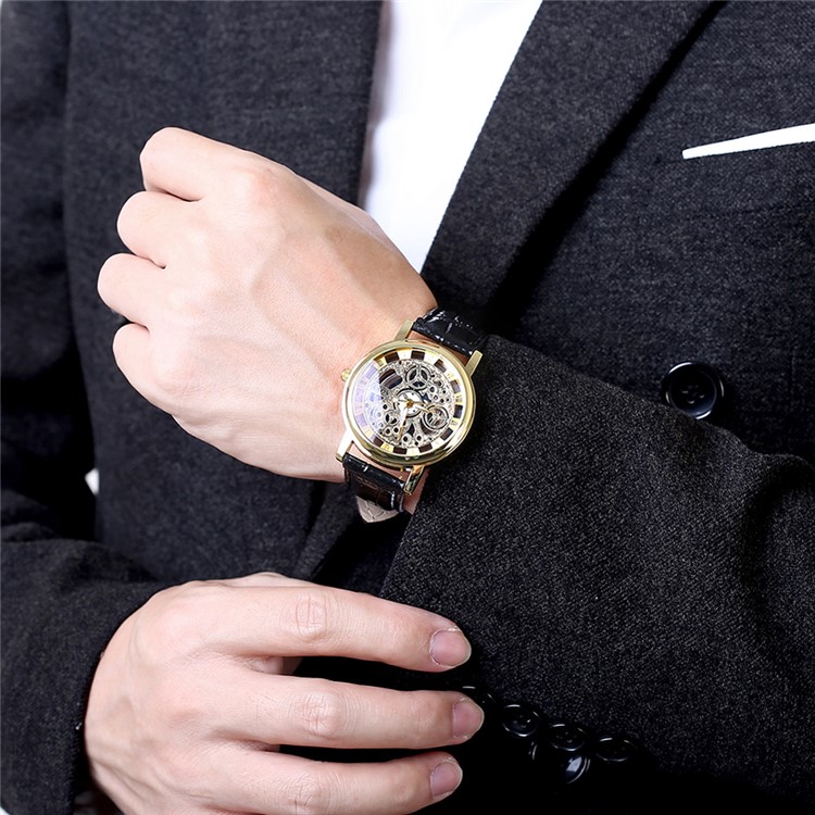 Fashion Skeleton Hollow Quartz Man Wrist Watch with Leather Band WH0019A-J - Black / Gold-4