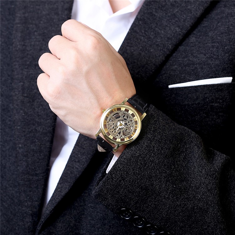 Fashion Skeleton Hollow Quartz Man Wrist Watch with Leather Band WH0019A-J - Black / Gold-5