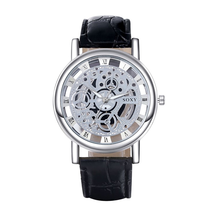Men Leisure Skeleton Hollow PU Leather Band Quartz Classic Wrist Watch WH0019A-W - Black / Silver-1
