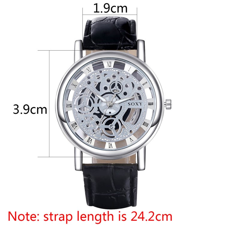 Men Leisure Skeleton Hollow PU Leather Band Quartz Classic Wrist Watch WH0019A-W - Black / Silver-2