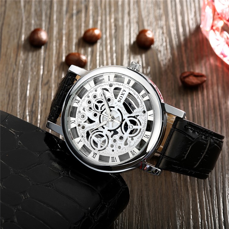 Men Leisure Skeleton Hollow PU Leather Band Quartz Classic Wrist Watch WH0019A-W - Black / Silver-3