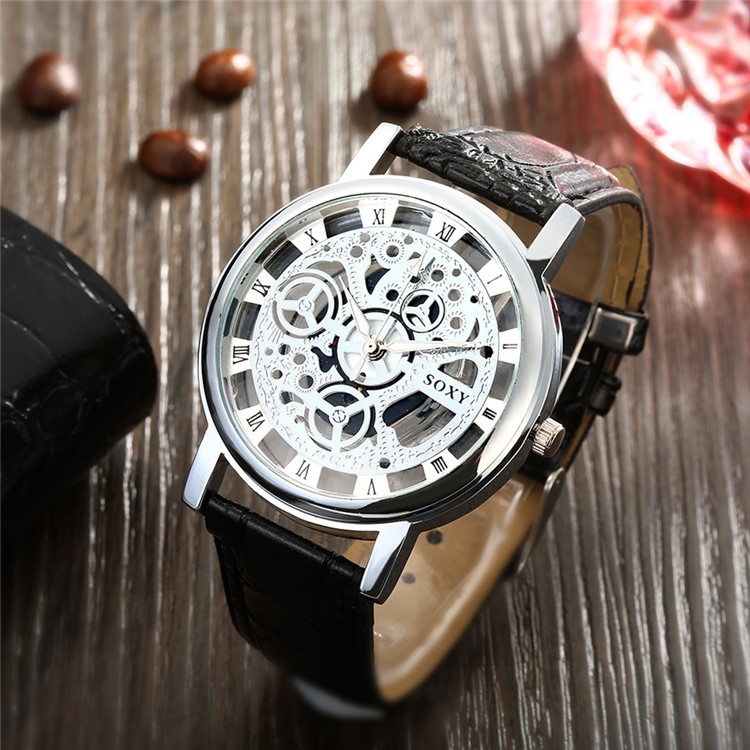Men Leisure Skeleton Hollow PU Leather Band Quartz Classic Wrist Watch WH0019A-W - Black / Silver-4
