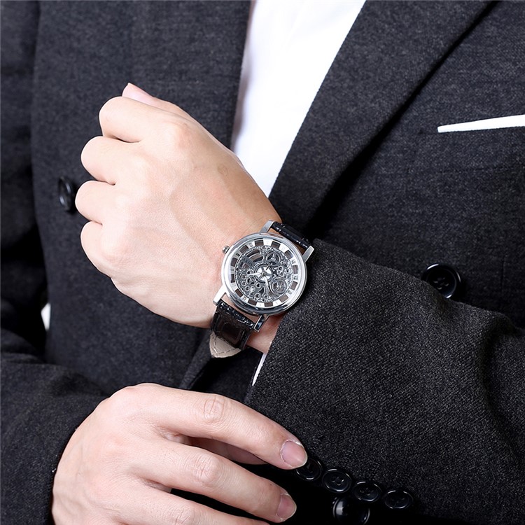 Men Leisure Skeleton Hollow PU Leather Band Quartz Classic Wrist Watch WH0019A-W - Black / Silver-5