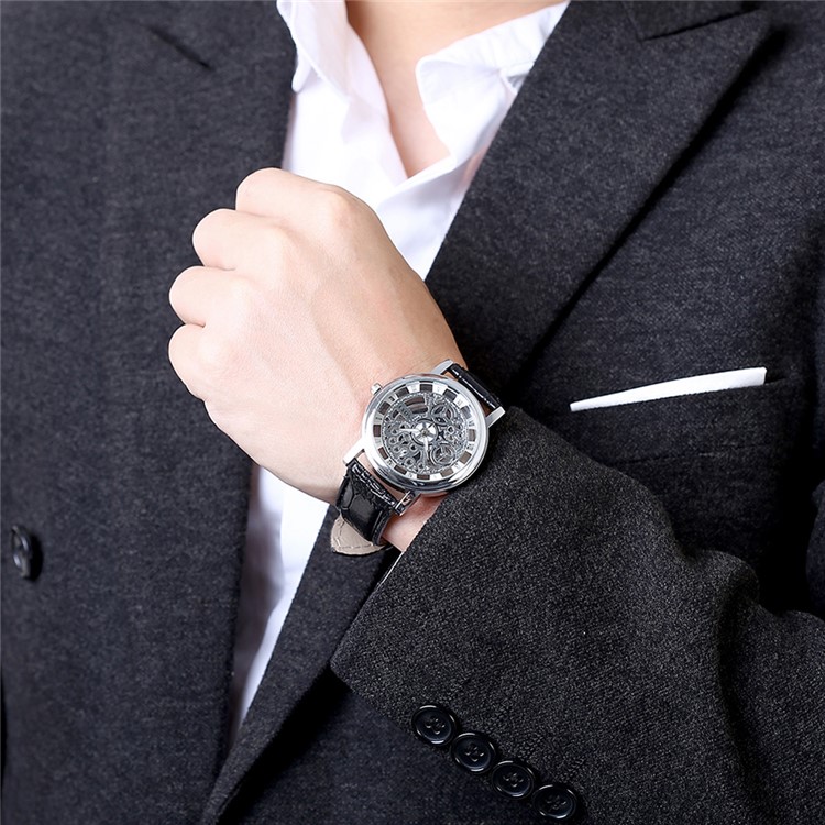Men Leisure Skeleton Hollow PU Leather Band Quartz Classic Wrist Watch WH0019A-W - Black / Silver-6