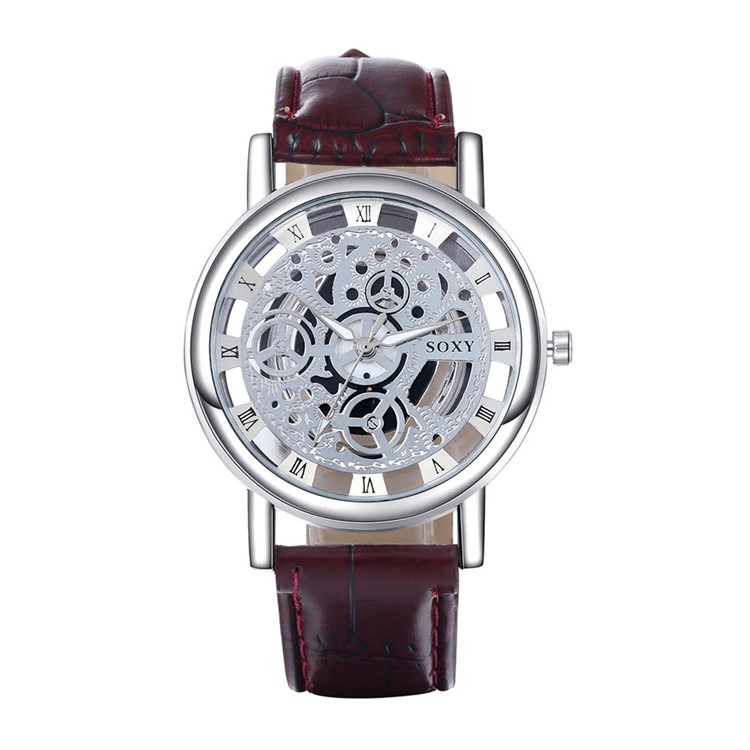 Men's Fashion Skeleton Hollow Quartz Leisure Watch with PU Leather Strap WH0019A-J - Brown / Silver-1
