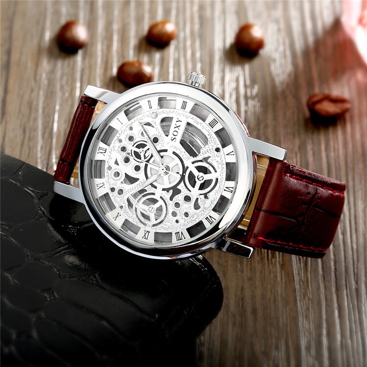 Men's Fashion Skeleton Hollow Quartz Leisure Watch with PU Leather Strap WH0019A-J - Brown / Silver-2