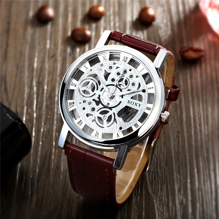 Men's Fashion Skeleton Hollow Quartz Leisure Watch with PU Leather Strap WH0019A-J - Brown / Silver-3