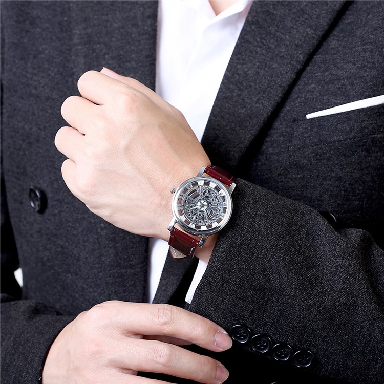 Men's Fashion Skeleton Hollow Quartz Leisure Watch with PU Leather Strap WH0019A-J - Brown / Silver-4