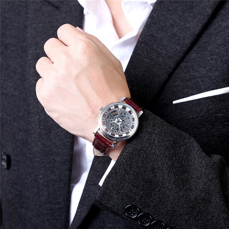 Men's Fashion Skeleton Hollow Quartz Leisure Watch with PU Leather Strap WH0019A-J - Brown / Silver-5