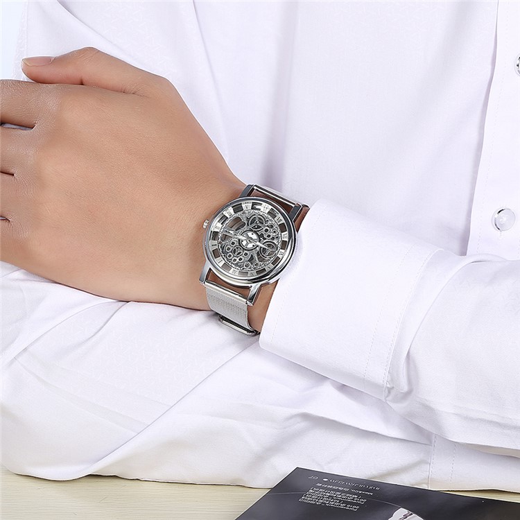 WH0082-H Luxury Hollow Dial Alloy Mechanical Wrist Watch for Men - Silver-3