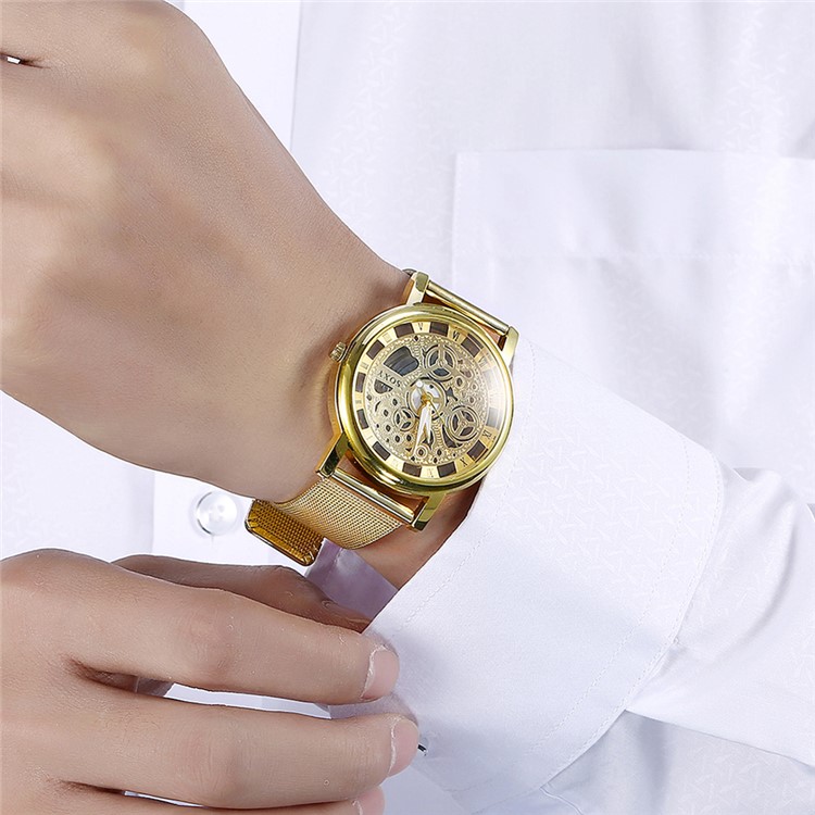 WH0082-J Luxury Hollow Dial Alloy Mechanical Men Wrist Watch - Gold-2