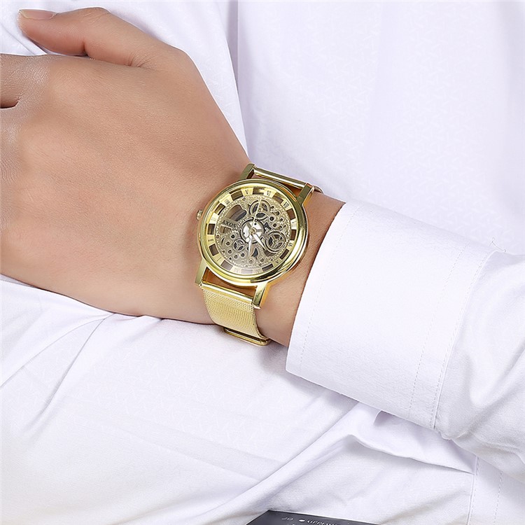WH0082-J Luxury Hollow Dial Alloy Mechanical Men Wrist Watch - Gold-3