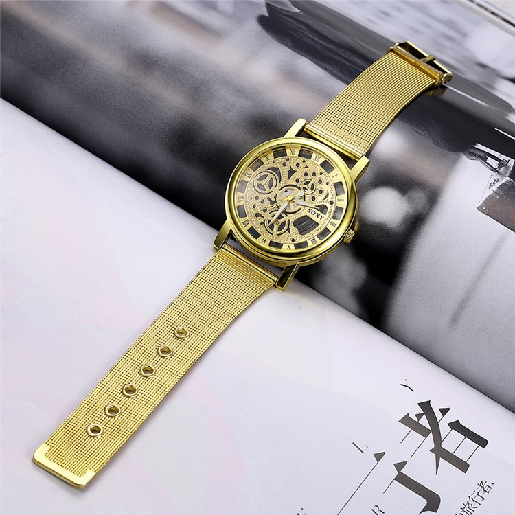 WH0082-J Luxury Hollow Dial Alloy Mechanical Men Wrist Watch - Gold-4