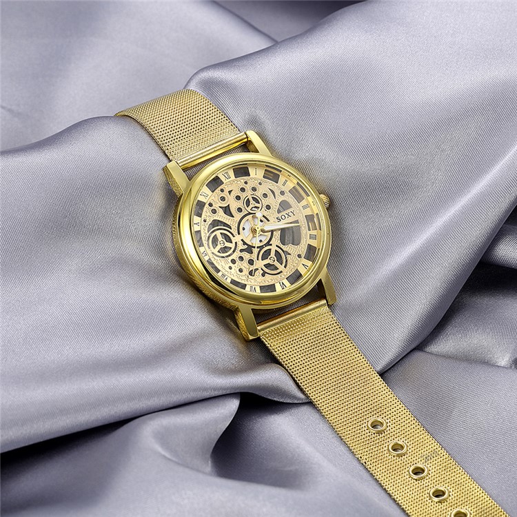 WH0082-J Luxury Hollow Dial Alloy Mechanical Men Wrist Watch - Gold-5