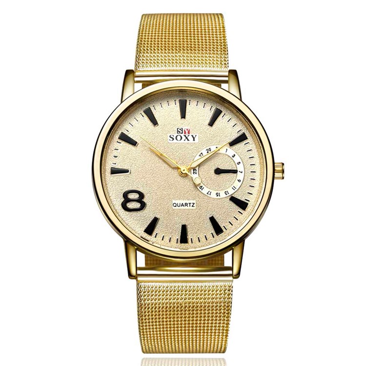 Thin Business Style Men Quartz Watch Wristwatch with Alloy Band (WH0088-J) - Gold-1