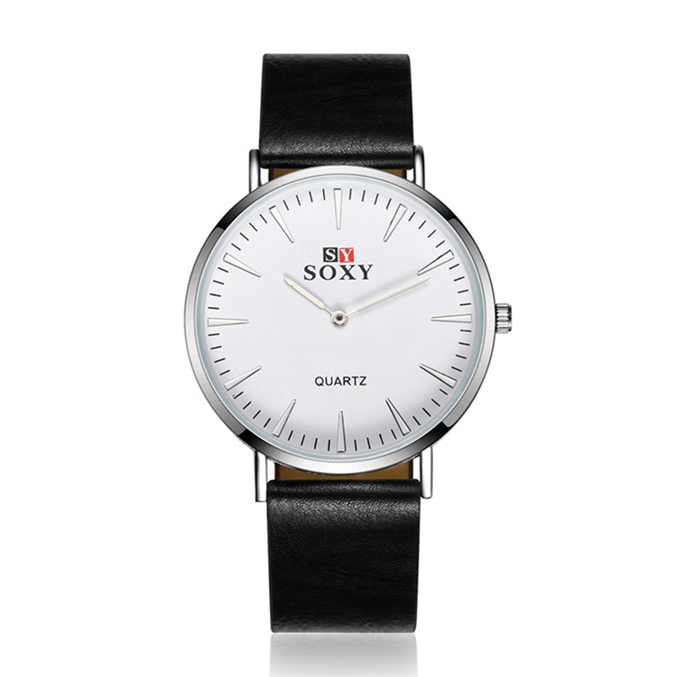Round Dial Leather Band Wrist Watch Quartz Watch - Black-1